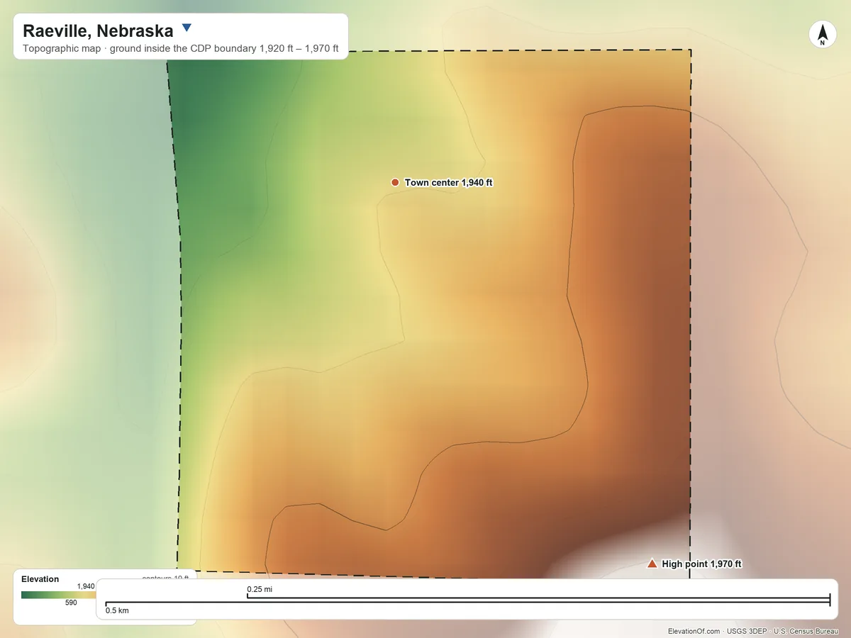 Topographic elevation map of Raeville, Nebraska, shaded from 1,920 ft on the northwest side to 1,970 ft on the southeast side