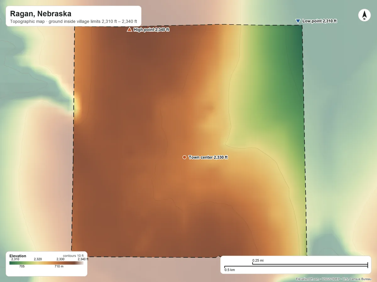 Topographic elevation map of Ragan, Nebraska, shaded from 2,310 ft on the northeast side to 2,340 ft on the northwest side