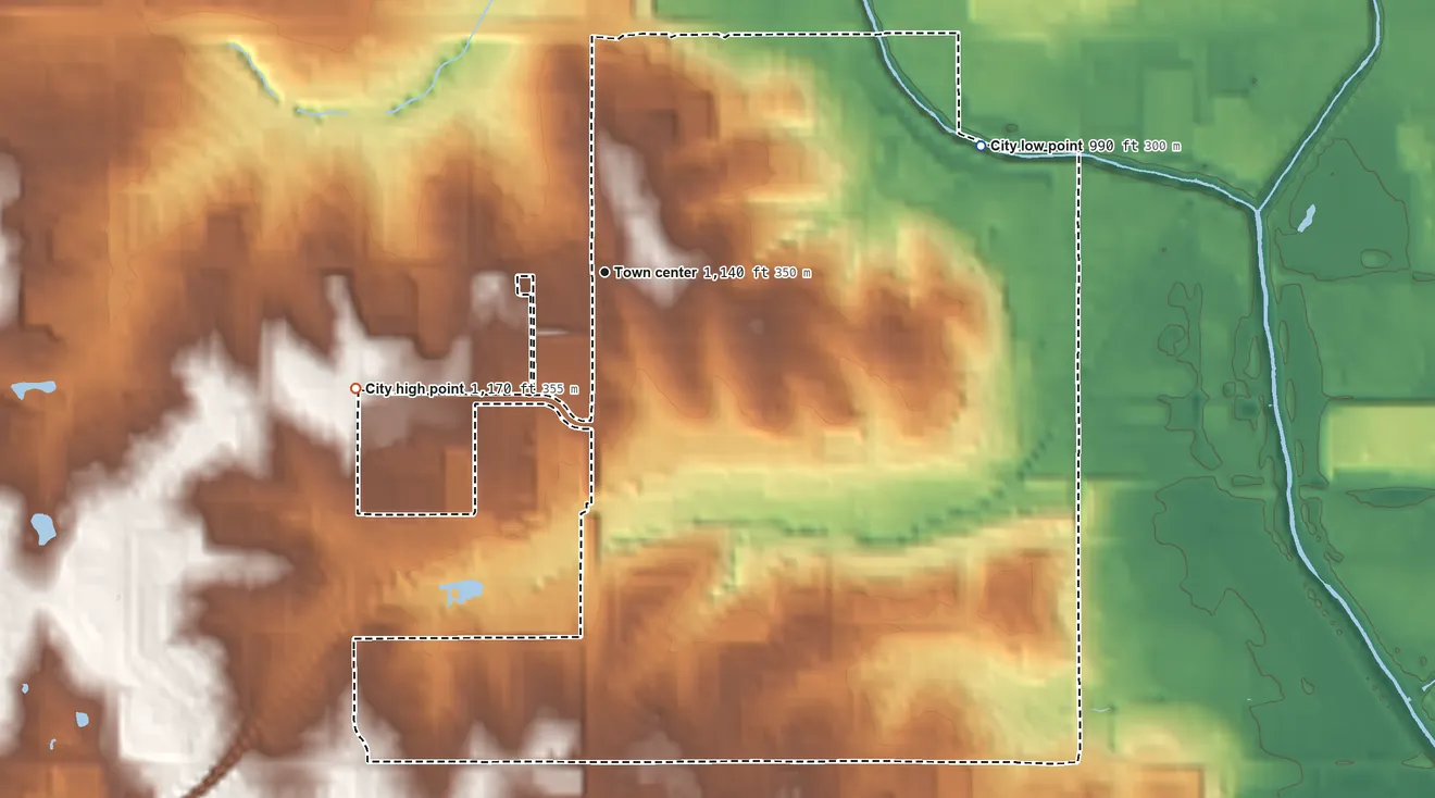 Topographic elevation map of Ralston, Nebraska, shaded from 990 ft on the east side to 1,170 ft on the southwest side