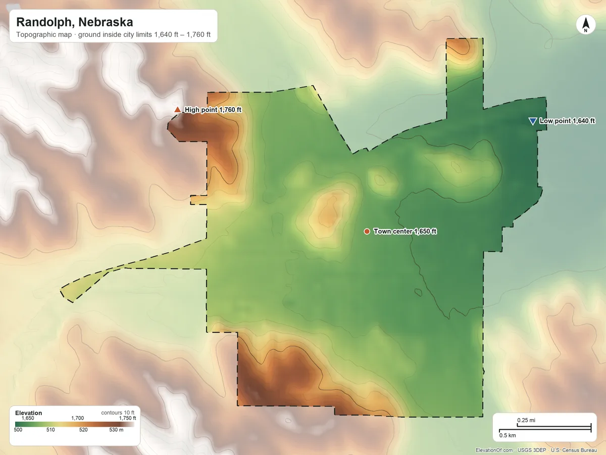 Topographic elevation map of Randolph, Nebraska, shaded from 1,640 ft on the northeast side to 1,760 ft on the northwest side