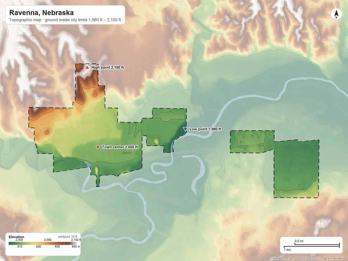 Topographic elevation map of Ravenna, Nebraska, shaded from 1,980 ft on the east side to 2,100 ft on the north side