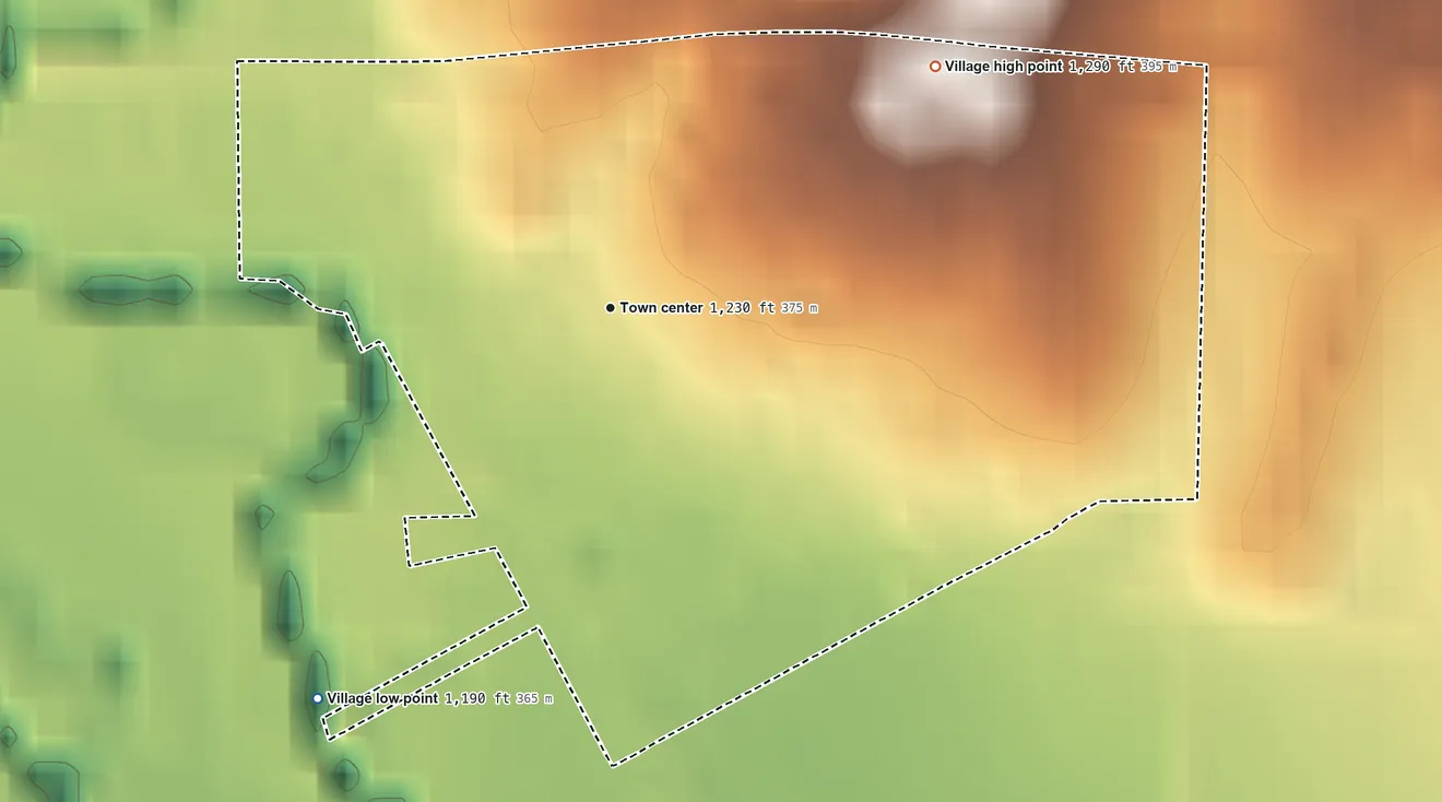 Topographic elevation map of Raymond, Nebraska, shaded from 1,190 ft on the southwest side to 1,290 ft on the northeast side