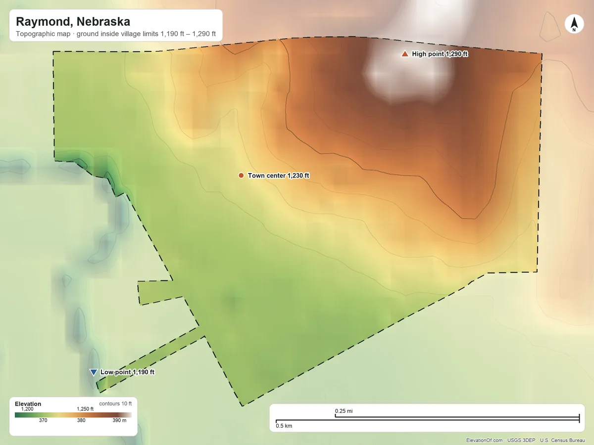 Topographic elevation map of Raymond, Nebraska, shaded from 1,190 ft on the southwest side to 1,290 ft on the northeast side