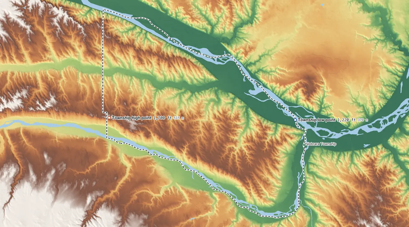 Topographic elevation map of Raymond Township, Nebraska, shaded from 1,220 ft on the east side to 1,700 ft on the west side