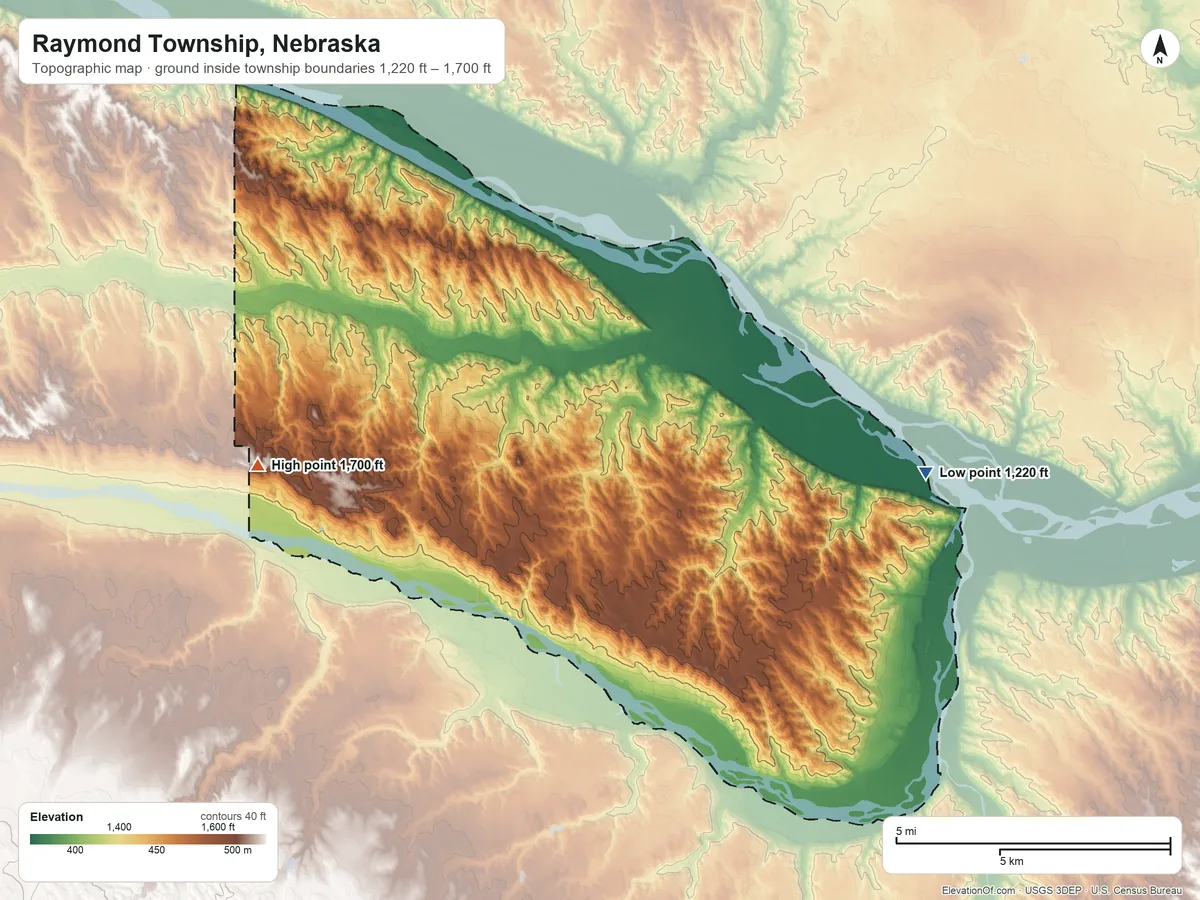Topographic elevation map of Raymond Township, Nebraska, shaded from 1,220 ft on the east side to 1,700 ft on the west side