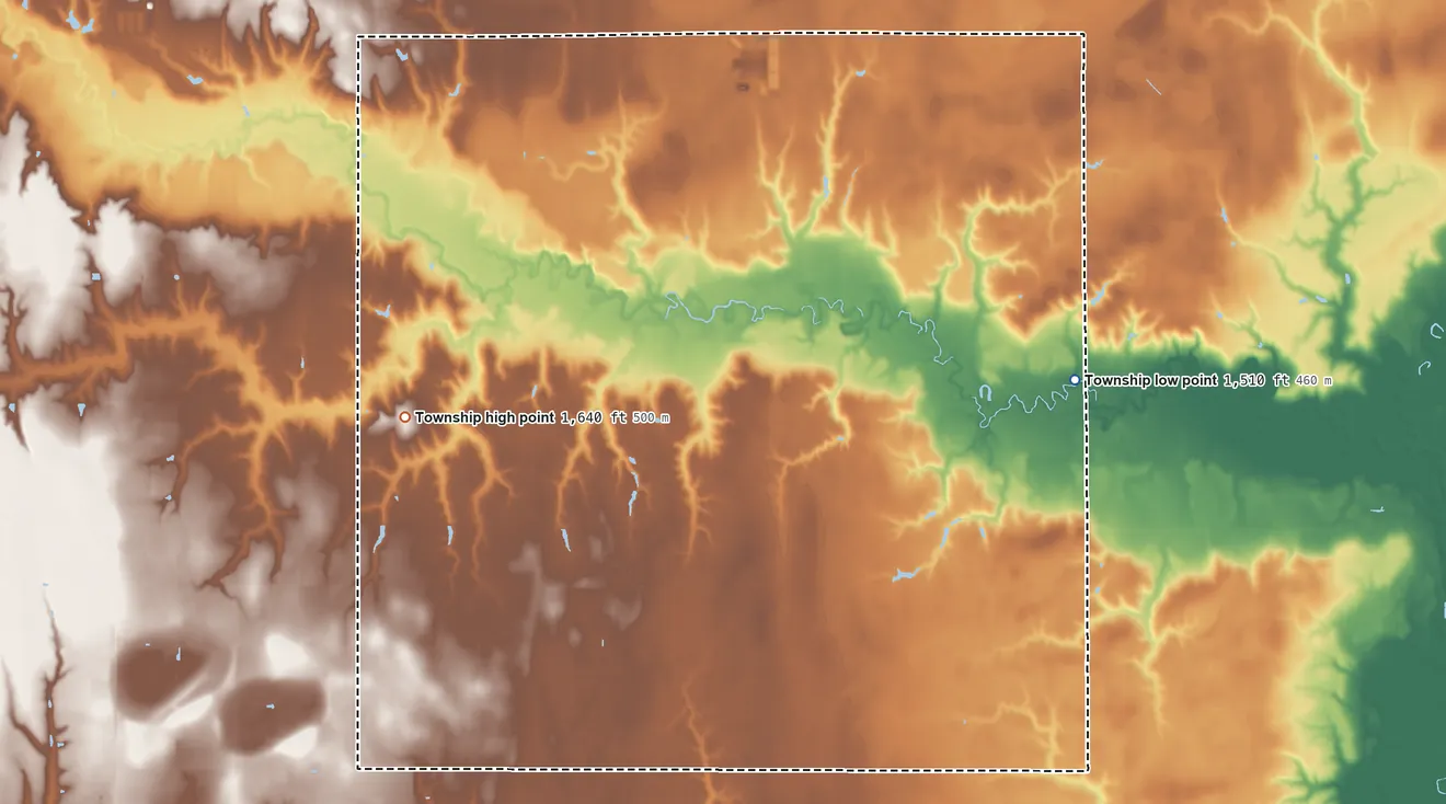 Topographic elevation map of Read Township, Nebraska, shaded from 1,510 ft on the east side to 1,640 ft on the west side