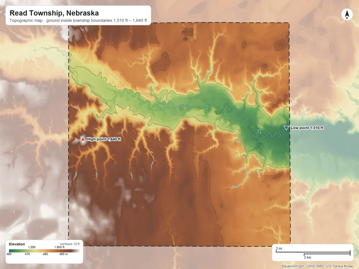Topographic elevation map of Read Township, Nebraska, shaded from 1,510 ft on the east side to 1,640 ft on the west side