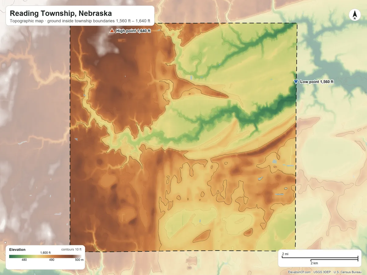 Topographic elevation map of Reading Township, Nebraska, shaded from 1,560 ft on the east side to 1,640 ft on the northwest side