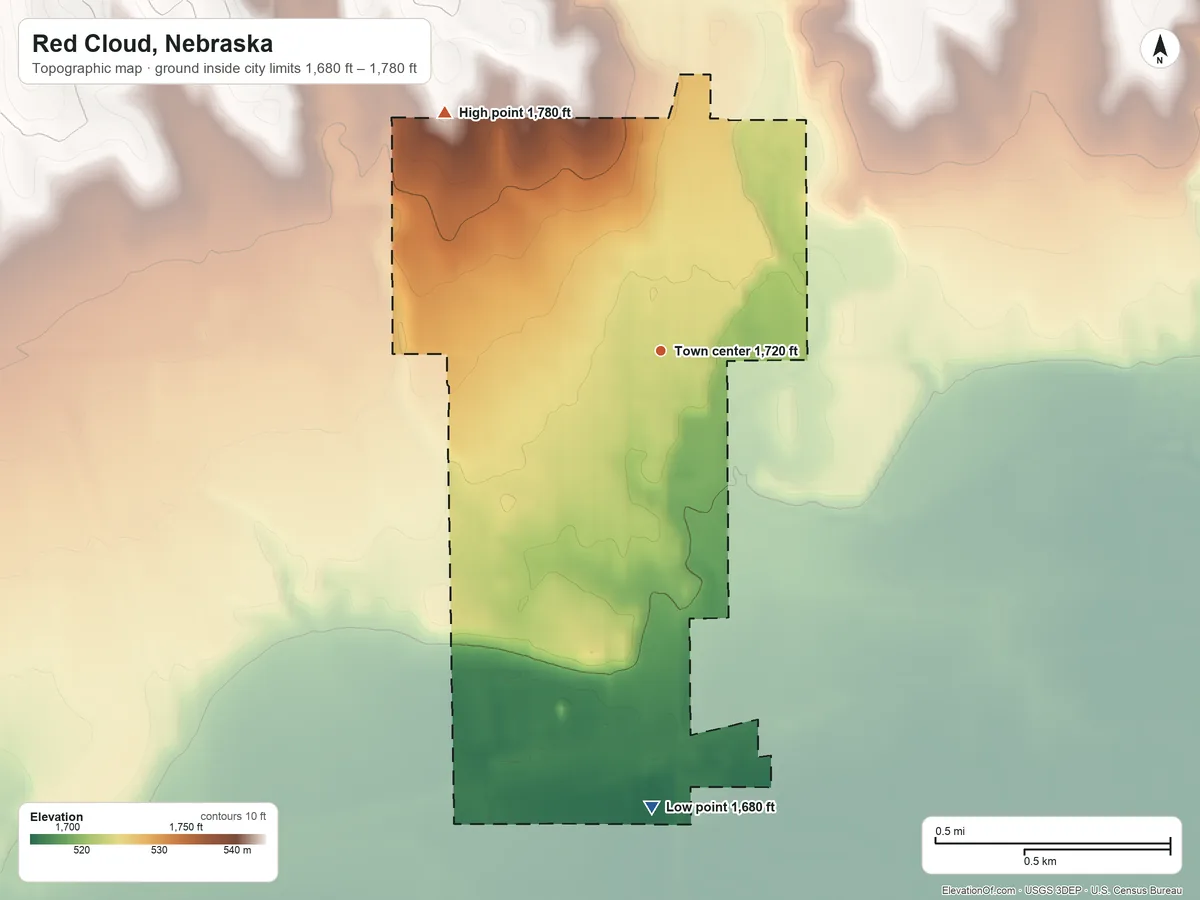 Topographic elevation map of Red Cloud, Nebraska, shaded from 1,680 ft on the south side to 1,780 ft on the northwest side