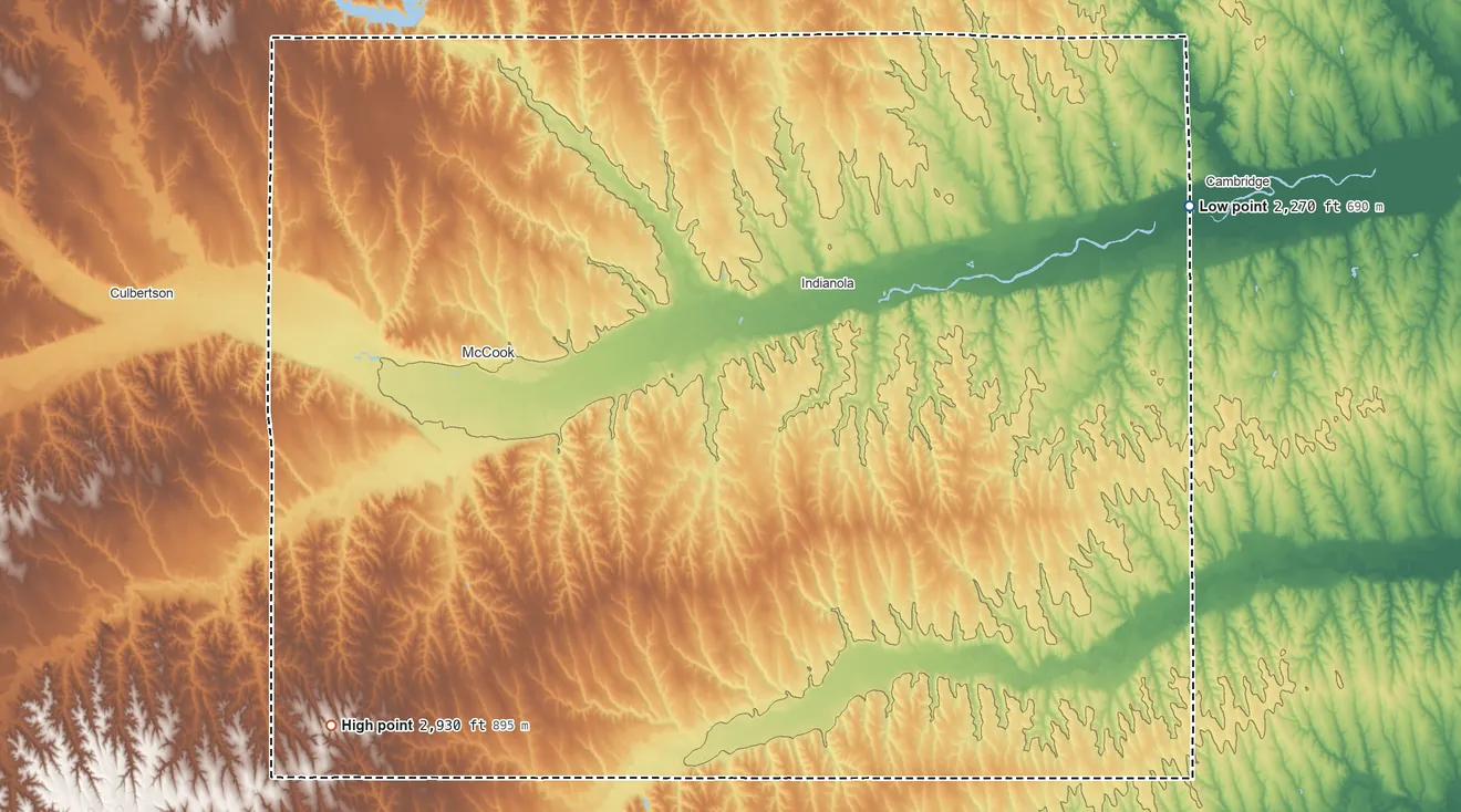 Topographic elevation map of Red Willow County, Nebraska, shaded from 2,270 ft on the northeast side to 2,930 ft on the southwest side