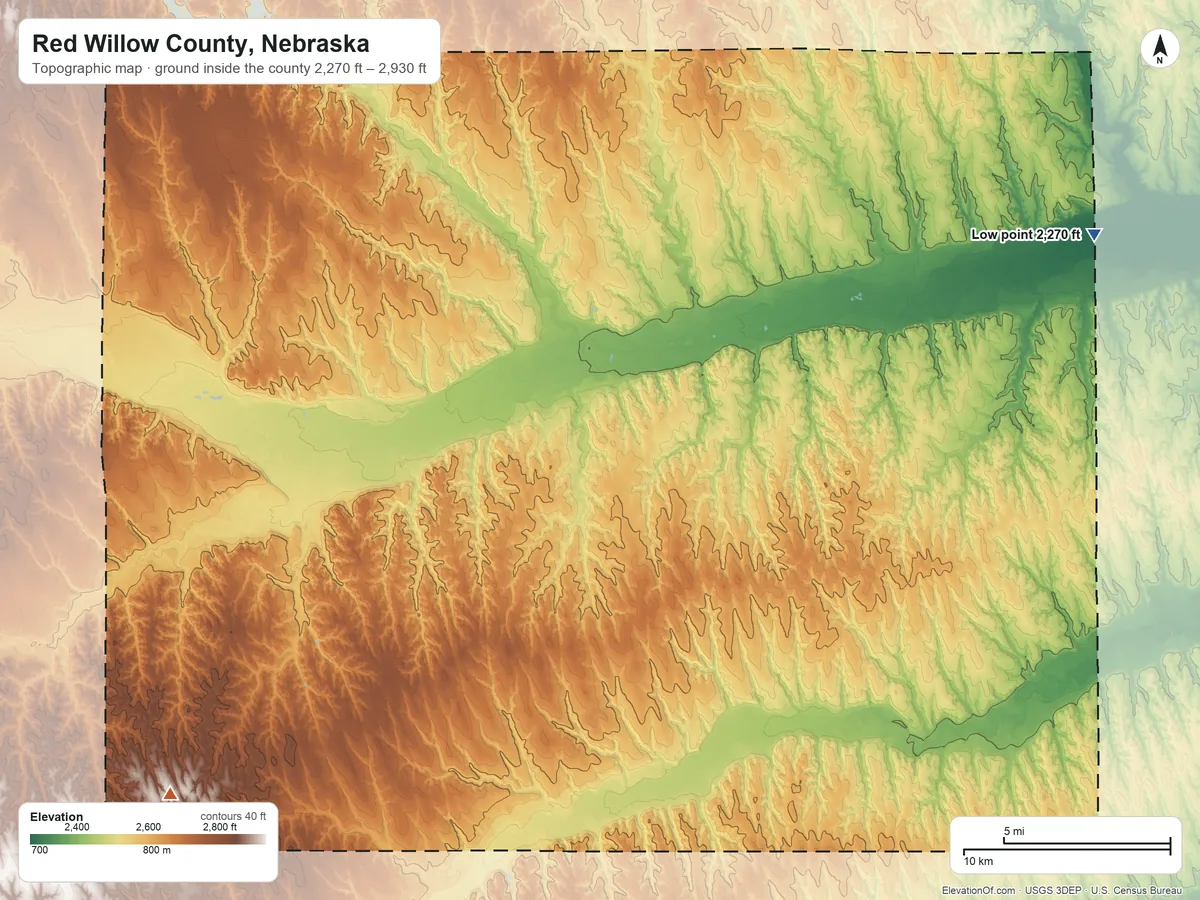 Topographic elevation map of Red Willow County, Nebraska, shaded from 2,270 ft on the northeast side to 2,930 ft on the southwest side