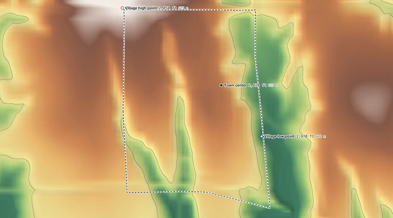 Topographic elevation map of Republican City, Nebraska, shaded from 1,970 ft on the southeast side to 2,050 ft on the northwest side