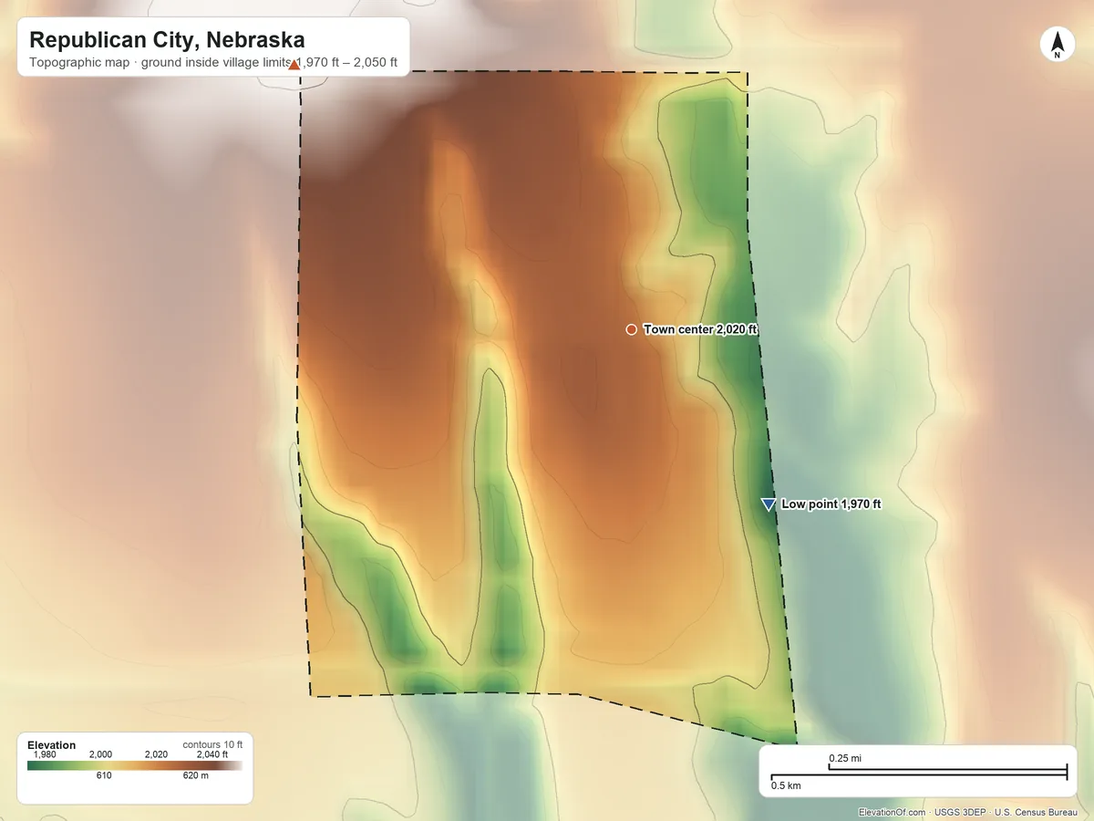 Topographic elevation map of Republican City, Nebraska, shaded from 1,970 ft on the southeast side to 2,050 ft on the northwest side