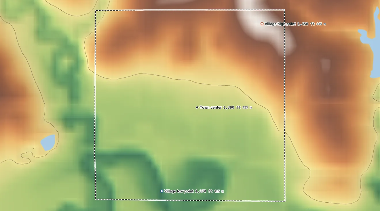 Topographic elevation map of Reynolds, Nebraska, shaded from 1,370 ft on the southwest side to 1,450 ft on the northeast side