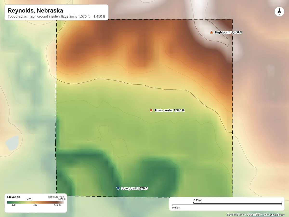 Topographic elevation map of Reynolds, Nebraska, shaded from 1,370 ft on the southwest side to 1,450 ft on the northeast side