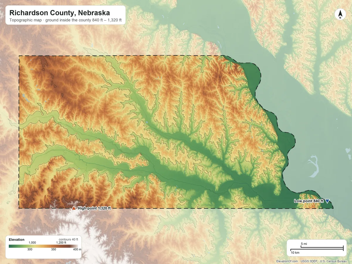 Topographic elevation map of Richardson County, Nebraska, shaded from 840 ft on the southeast side to 1,320 ft on the southwest side