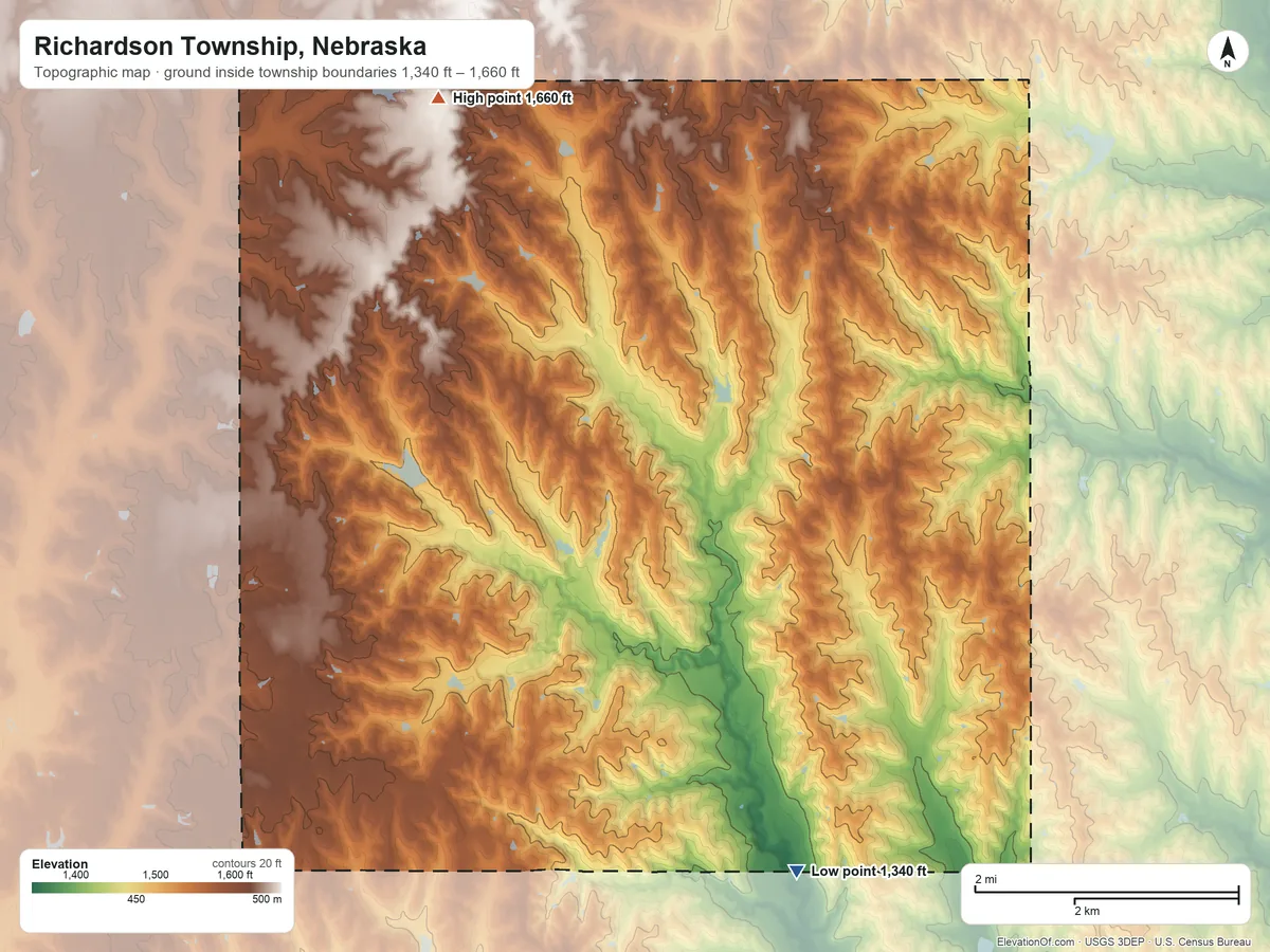 Topographic elevation map of Richardson Township, Nebraska, shaded from 1,340 ft on the southeast side to 1,660 ft on the north side