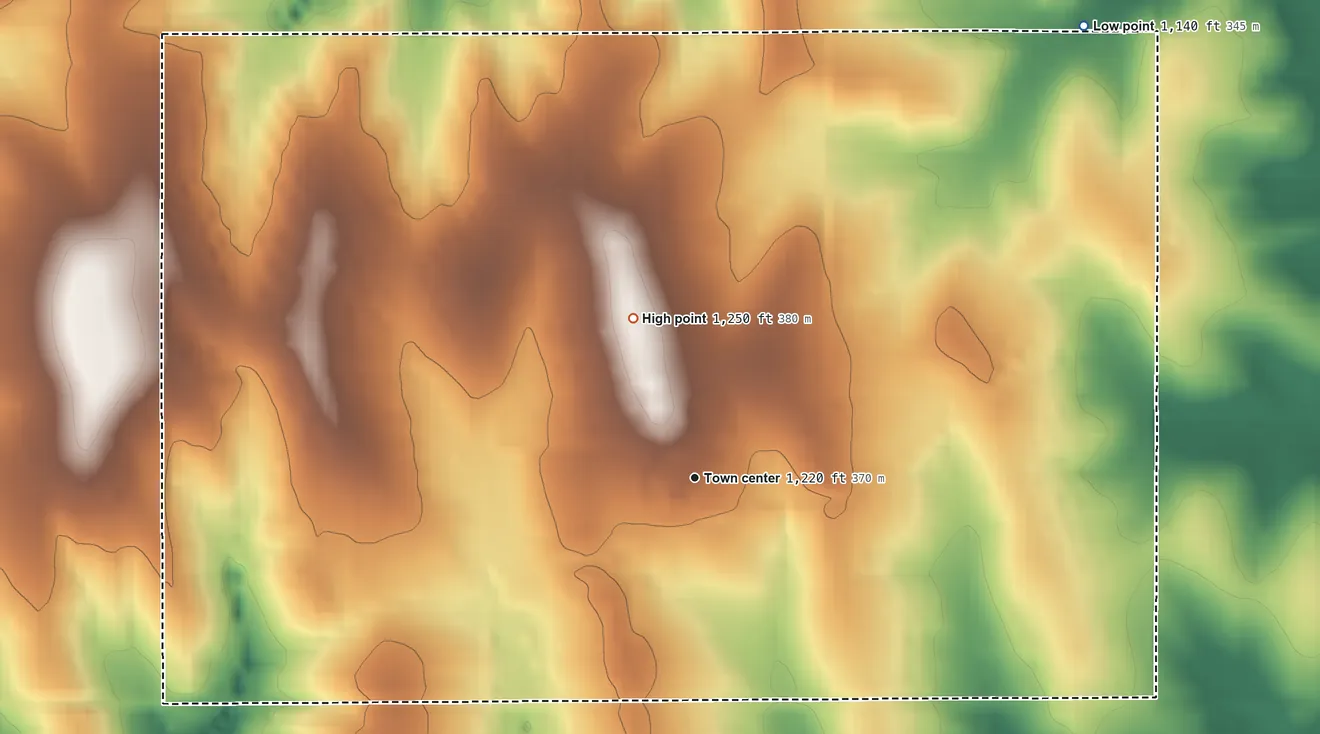 Topographic elevation map of Richfield, Nebraska, shaded from 1,140 ft on the northeast side to 1,250 ft on the north side