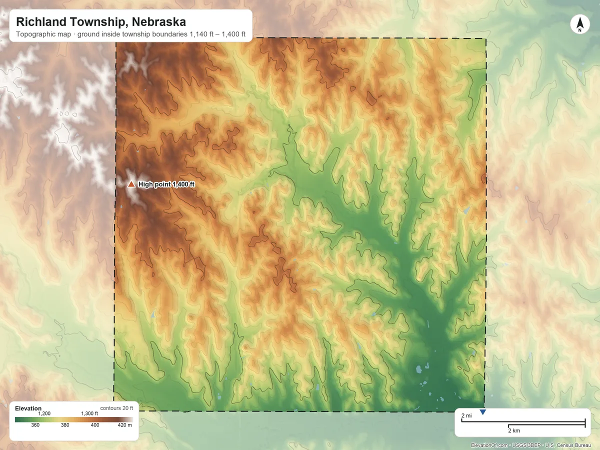 Topographic elevation map of Richland Township, Nebraska, shaded from 1,140 ft on the southeast side to 1,400 ft on the northwest side