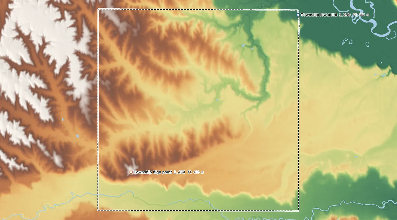 Topographic elevation map of Ridgeley Township, Nebraska, shaded from 1,250 ft on the northeast side to 1,430 ft on the southwest side