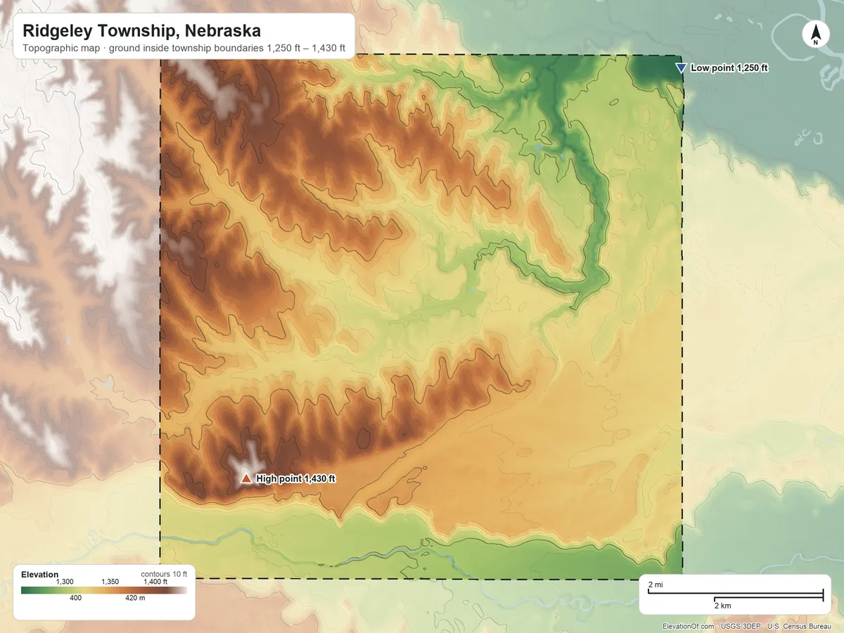 Topographic elevation map of Ridgeley Township, Nebraska, shaded from 1,250 ft on the northeast side to 1,430 ft on the southwest side