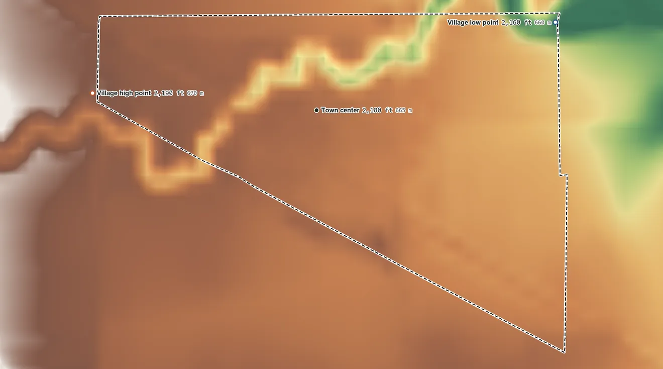 Topographic elevation map of Riverdale, Nebraska, shaded from 2,160 ft on the east side to 2,190 ft on the west side