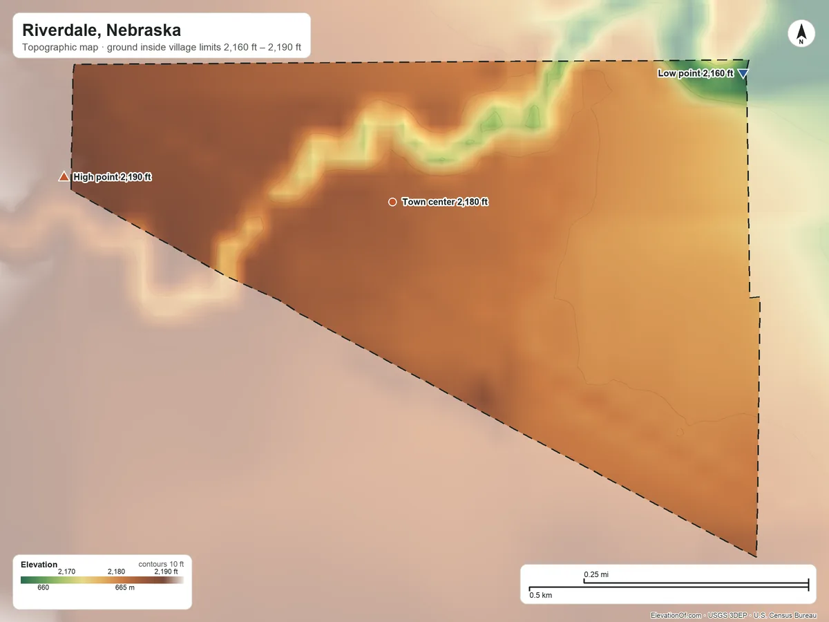 Topographic elevation map of Riverdale, Nebraska, shaded from 2,160 ft on the east side to 2,190 ft on the west side