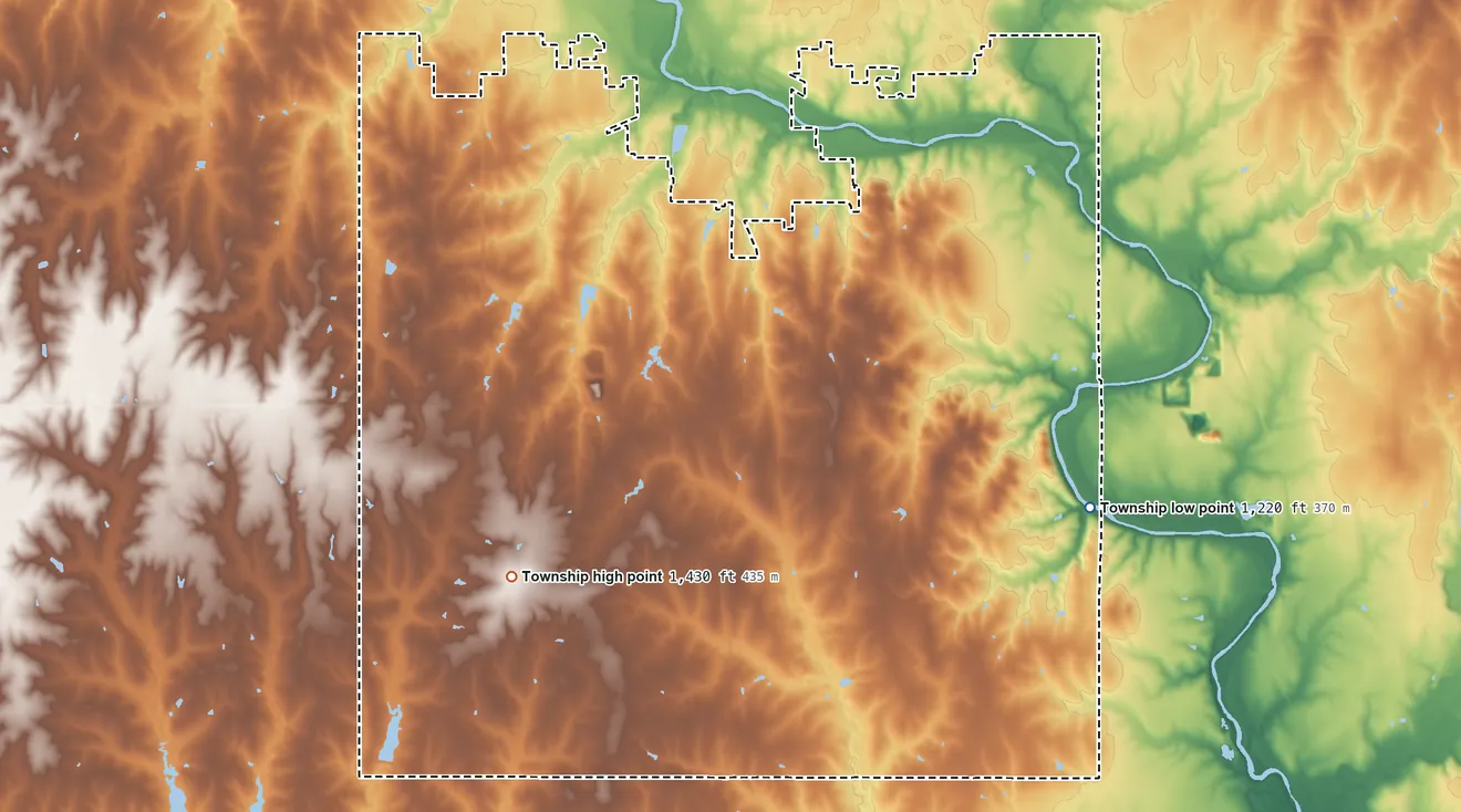 Topographic elevation map of Riverside Township, Nebraska, shaded from 1,220 ft on the east side to 1,430 ft on the southwest side