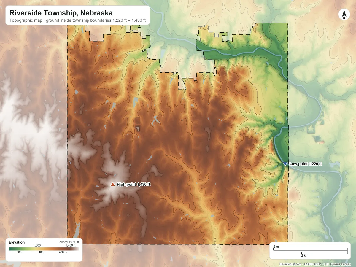 Topographic elevation map of Riverside Township, Nebraska, shaded from 1,220 ft on the east side to 1,430 ft on the southwest side