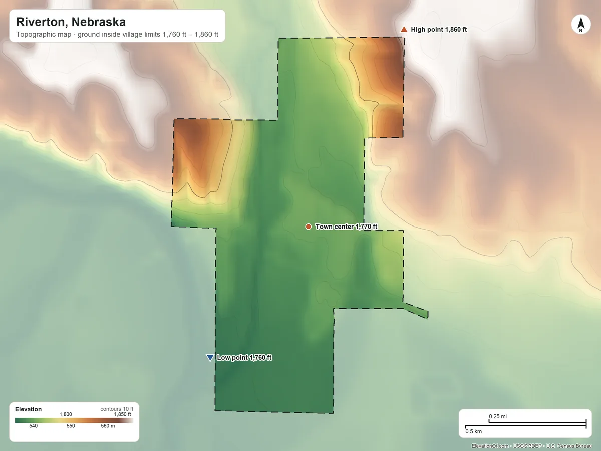 Topographic elevation map of Riverton, Nebraska, shaded from 1,760 ft on the southwest side to 1,860 ft on the northeast side