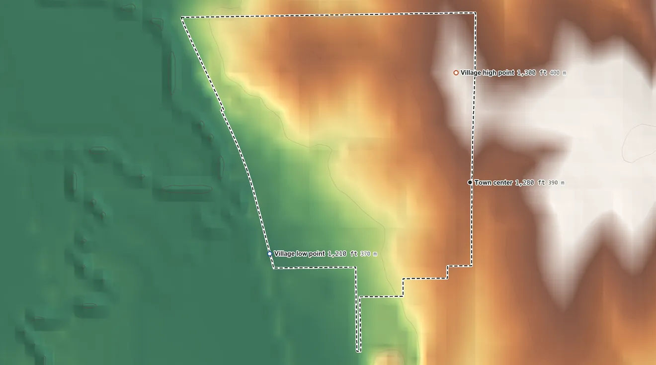 Topographic elevation map of Roca, Nebraska, shaded from 1,210 ft on the west side to 1,300 ft on the north side