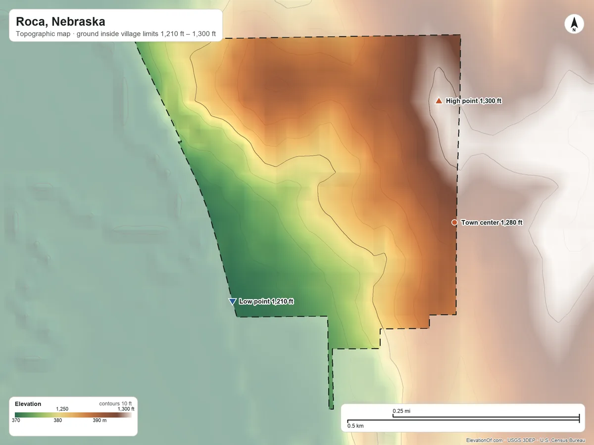 Topographic elevation map of Roca, Nebraska, shaded from 1,210 ft on the west side to 1,300 ft on the north side