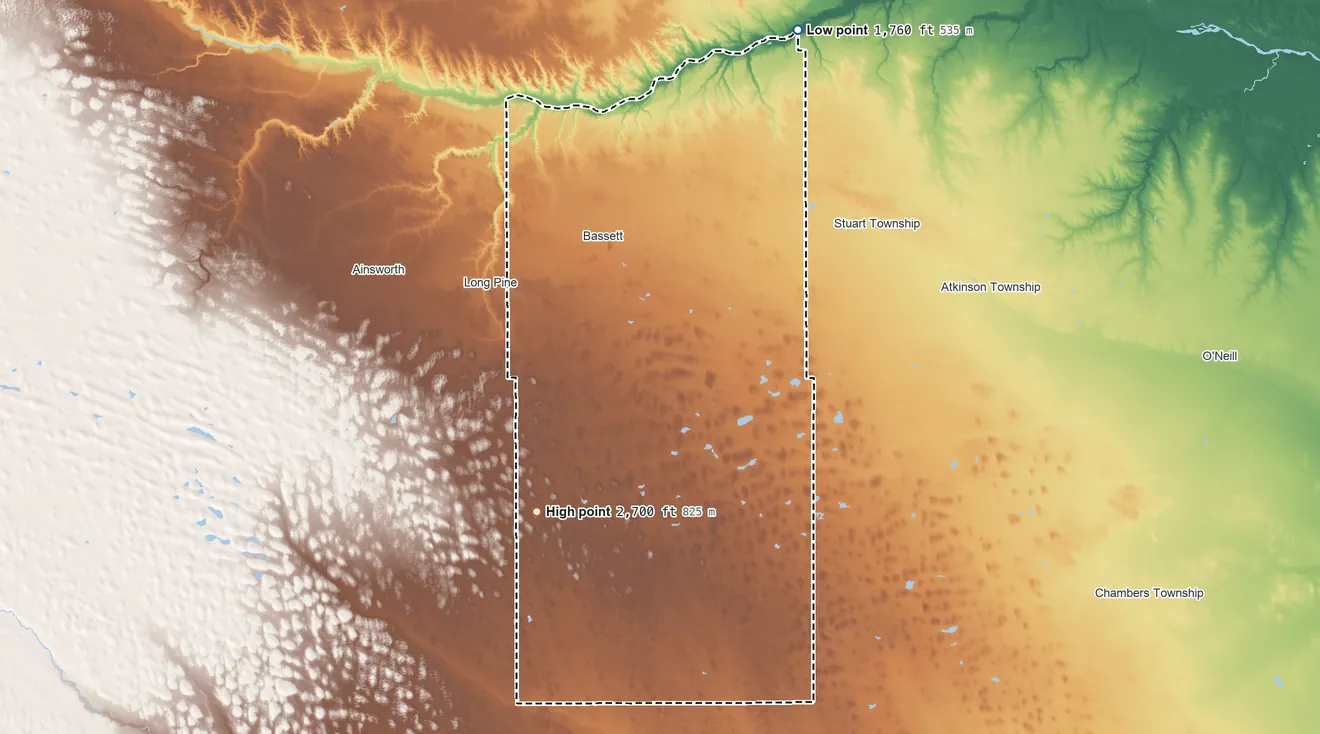 Topographic elevation map of Rock County, Nebraska, shaded from 1,760 ft on the north side to 2,700 ft on the southwest side