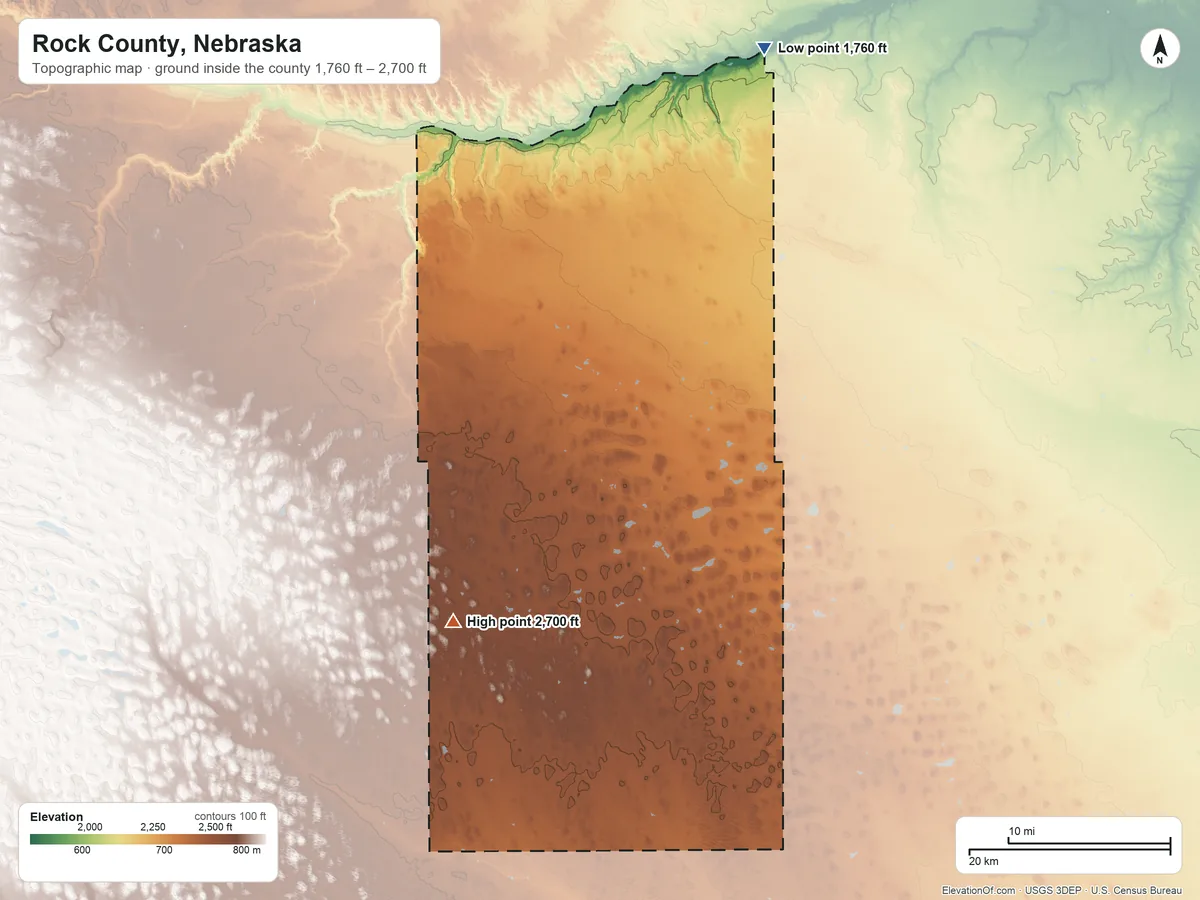 Topographic elevation map of Rock County, Nebraska, shaded from 1,760 ft on the north side to 2,700 ft on the southwest side