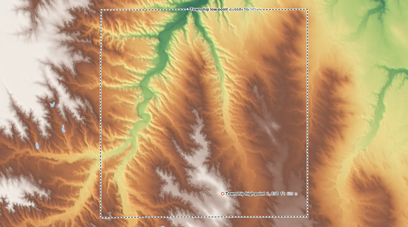 Topographic elevation map of Rock Falls Township, Nebraska, shaded from 1,660 ft on the north side to 2,030 ft on the southeast side