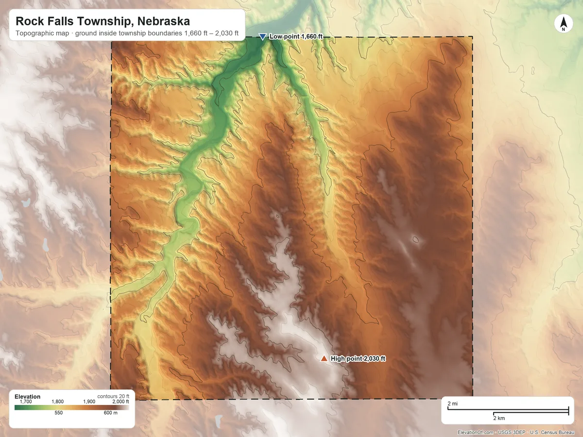 Topographic elevation map of Rock Falls Township, Nebraska, shaded from 1,660 ft on the north side to 2,030 ft on the southeast side