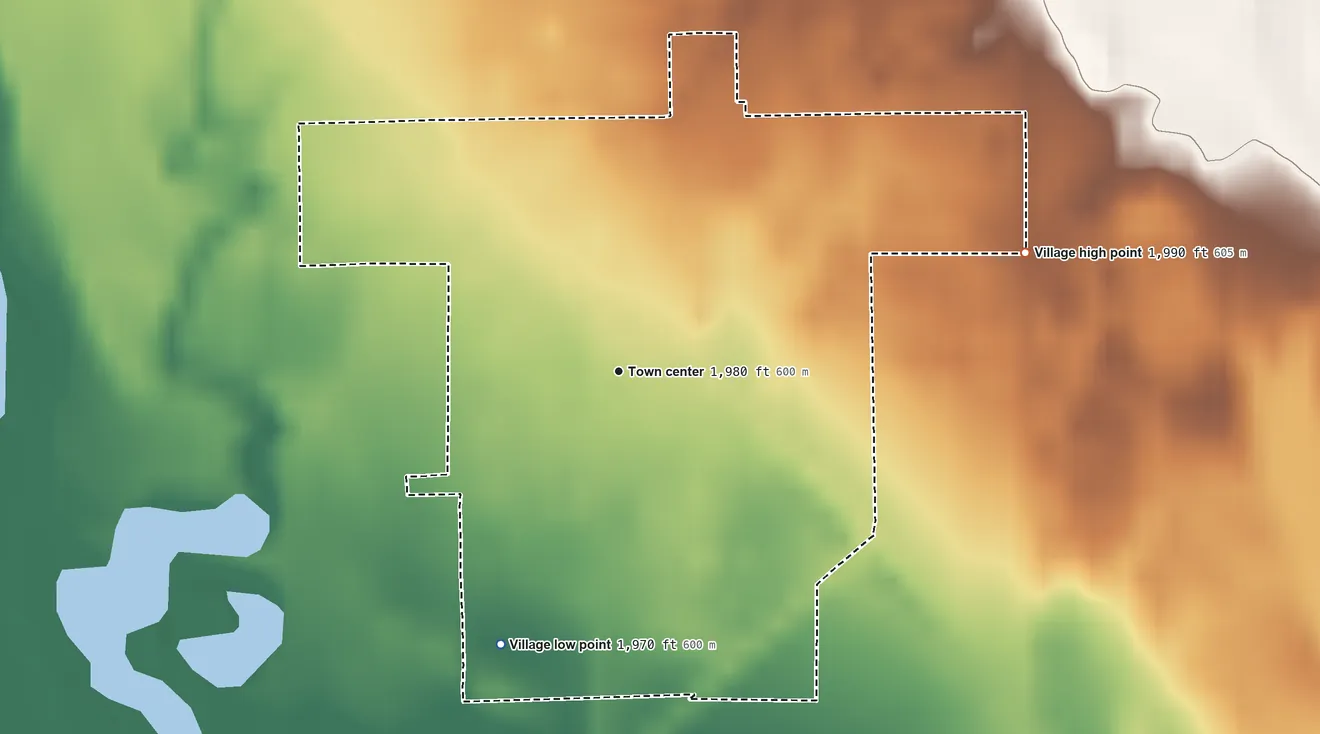 Topographic elevation map of Rockville, Nebraska, shaded from 1,970 ft on the southwest side to 1,990 ft on the east side