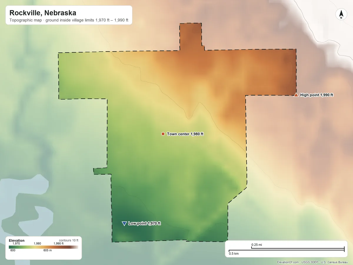 Topographic elevation map of Rockville, Nebraska, shaded from 1,970 ft on the southwest side to 1,990 ft on the east side
