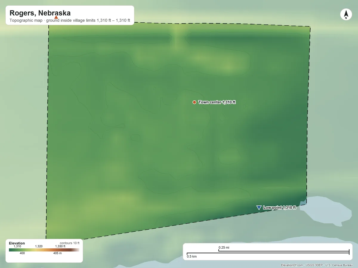 Topographic elevation map of Rogers, Nebraska, shaded from 1,310 ft on the southeast side to 1,310 ft on the northwest side