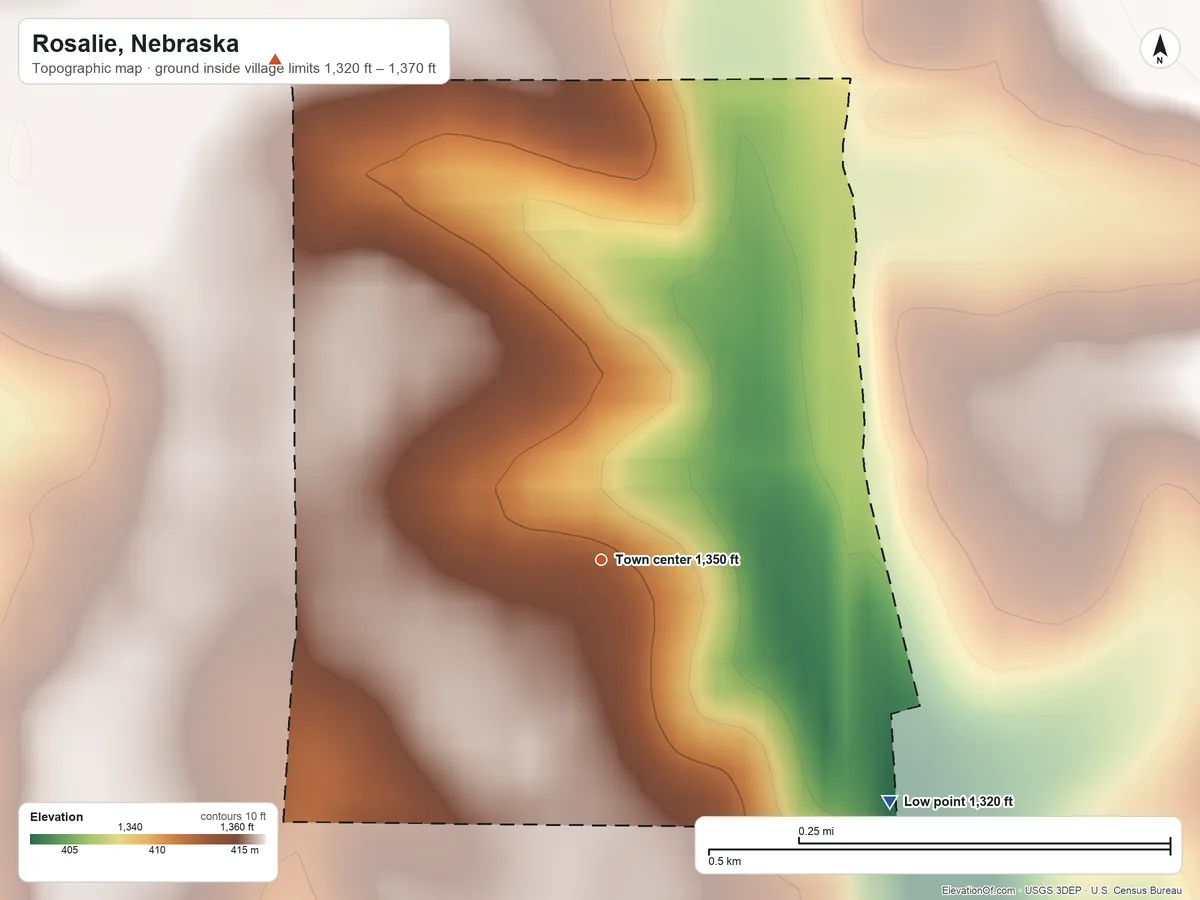 Topographic elevation map of Rosalie, Nebraska, shaded from 1,320 ft on the southeast side to 1,370 ft on the northwest side