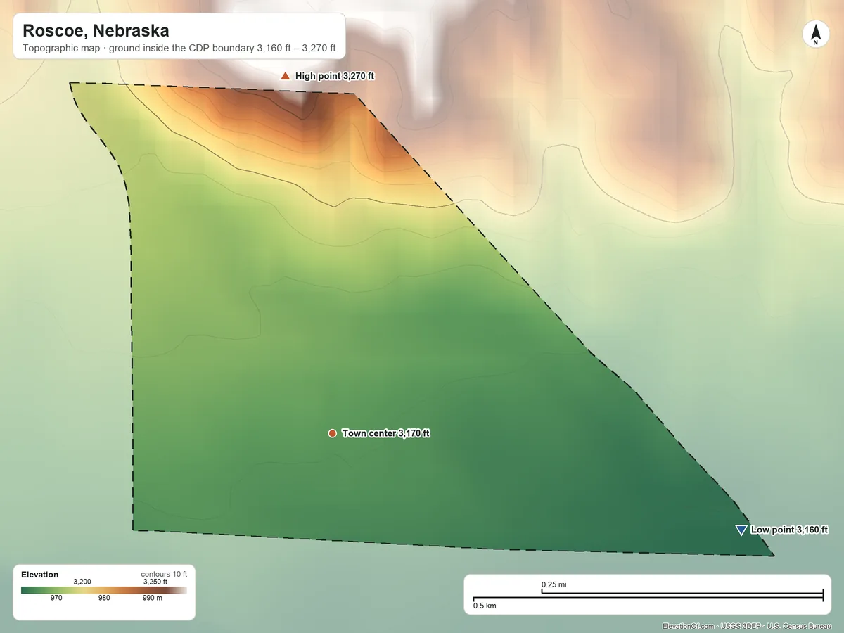 Topographic elevation map of Roscoe, Nebraska, shaded from 3,160 ft on the east side to 3,270 ft on the north side