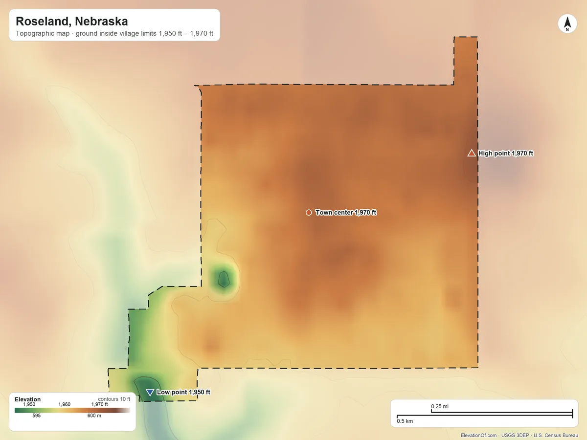 Topographic elevation map of Roseland, Nebraska, shaded from 1,950 ft on the southwest side to 1,970 ft on the east side