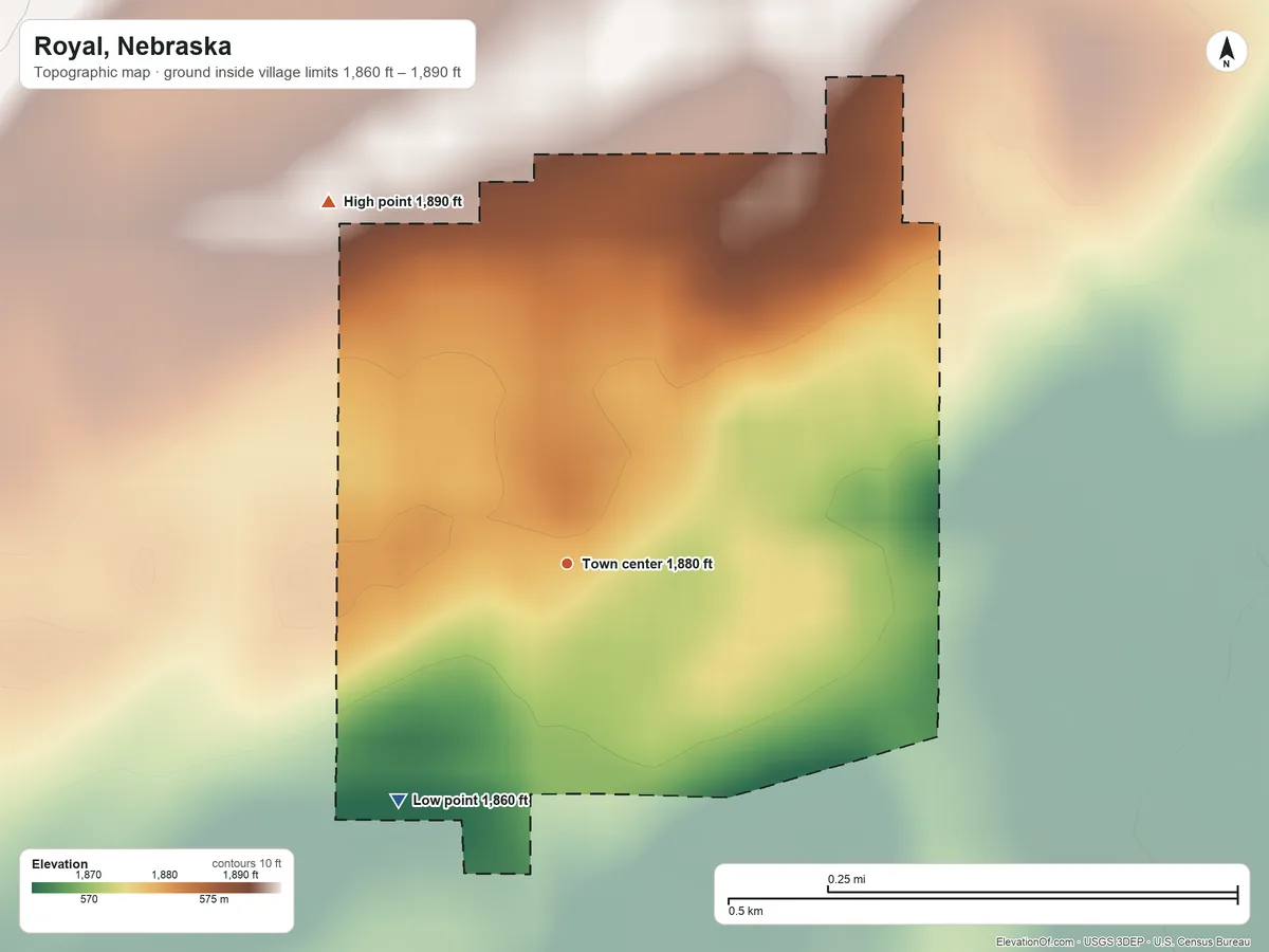 Topographic elevation map of Royal, Nebraska, shaded from 1,860 ft on the southwest side to 1,890 ft on the northwest side