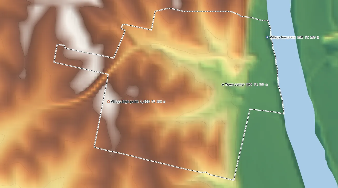 Topographic elevation map of Rulo, Nebraska, shaded from 850 ft on the northeast side to 1,020 ft on the west side