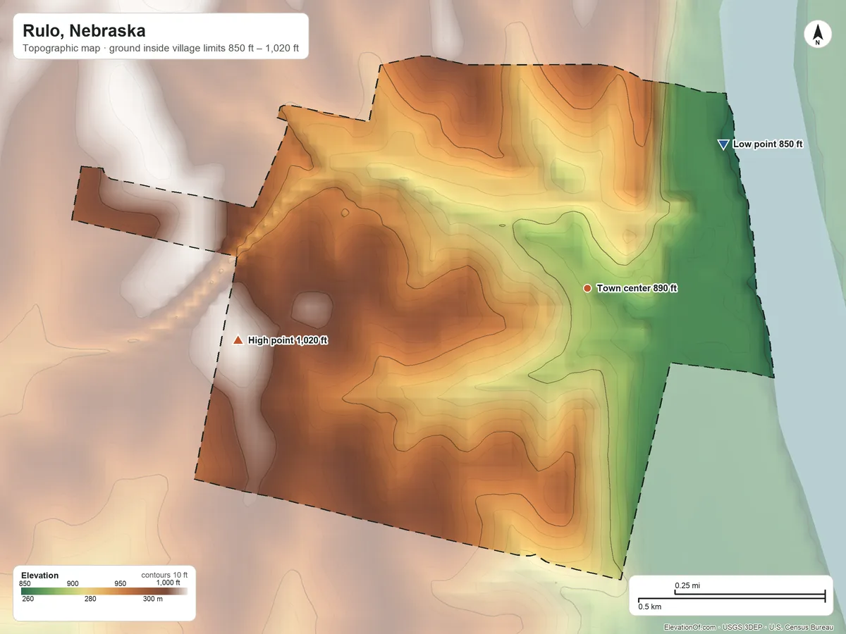 Topographic elevation map of Rulo, Nebraska, shaded from 850 ft on the northeast side to 1,020 ft on the west side