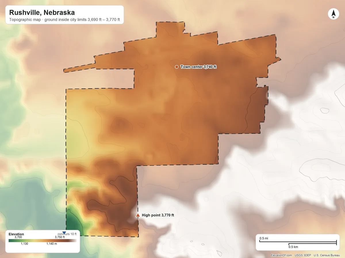 Topographic elevation map of Rushville, Nebraska, shaded from 3,690 ft on the southwest side to 3,770 ft on the south side