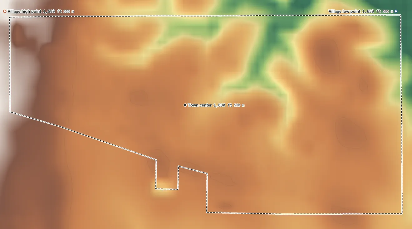 Topographic elevation map of Ruskin, Nebraska, shaded from 1,650 ft on the northeast side to 1,690 ft on the northwest side
