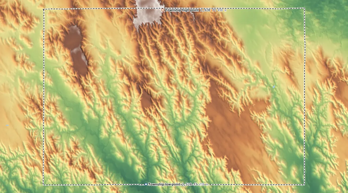 Topographic elevation map of Ryno Township, Nebraska, shaded from 2,520 ft on the southwest side to 2,920 ft on the northwest side