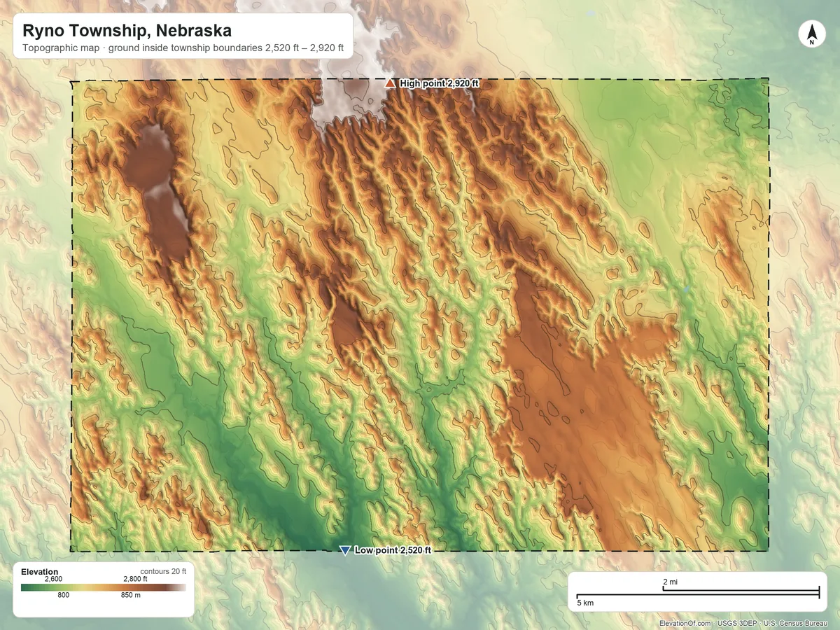 Topographic elevation map of Ryno Township, Nebraska, shaded from 2,520 ft on the southwest side to 2,920 ft on the northwest side