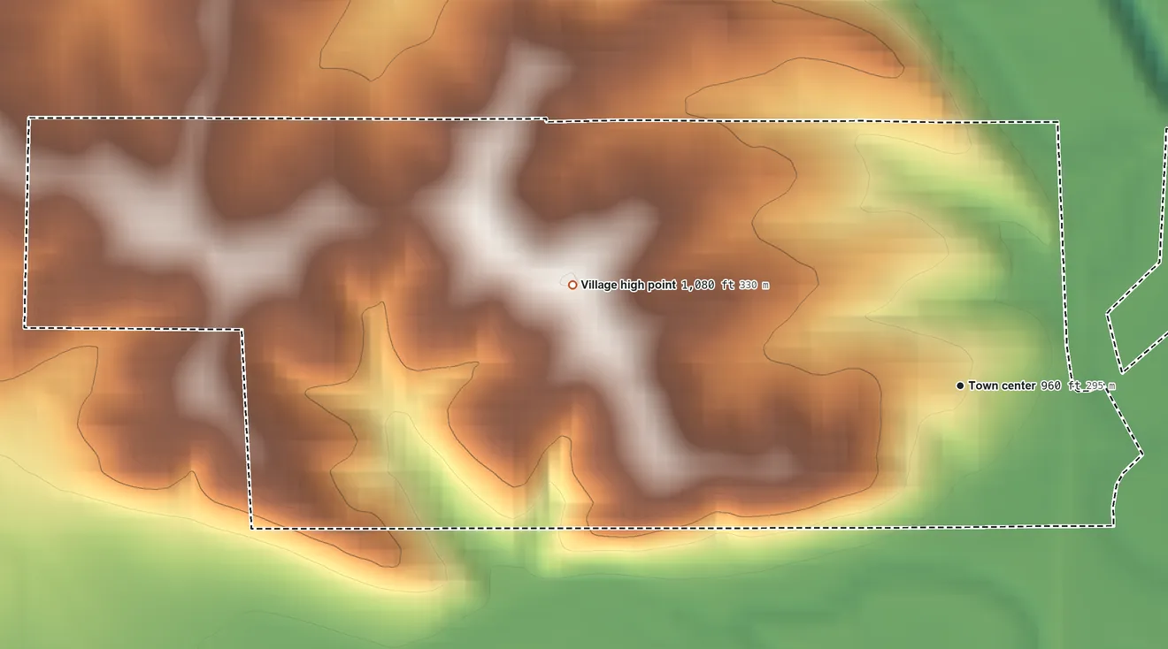 Topographic elevation map of Salem, Nebraska, shaded from 890 ft on the northeast side to 1,080 ft on the west side